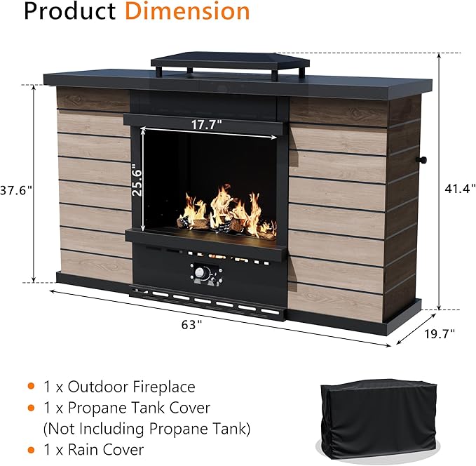 Outdoor Propane Fireplace, 50,000 BTU Gas Fire Pit with Ceramic Logs, Rain Cover, 63 Inch Steel Metal Smokeless Fireplace for Patio, Deck, CSA Certified (63 x 41 Inch)