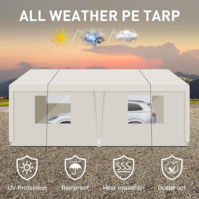 Carport 10x20 Ft Heavy Dut Car Port Canopy, Portable Garage Shelter Car Tents Carpas para Carros All Weather for Automobiles Truck Boat (White)