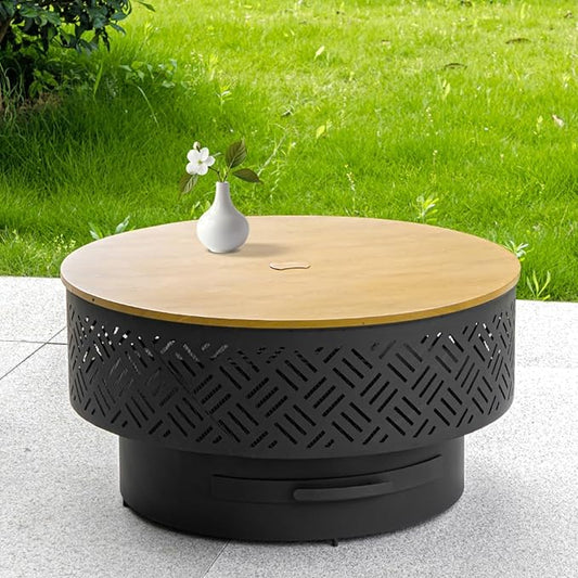 32" Wood Burning Fire Pits with Grill & Lid, Fire Pit Table for Outside with Waterproof Cover & Fire Poker, Outdoor Firepit with Functions for BBQ,Table and Bonfire