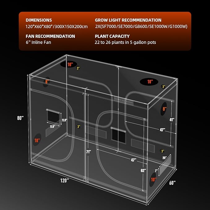 Spider Farmer 10x5 Grow Tent Pro-Grade, 120"x60"x80", with Observation Window and Floor Tray, 1680D Thicken Mylar Canvas, 10x5x6.6 for Indoor Hydroponic Growing for SF7000, SE7000, G7000