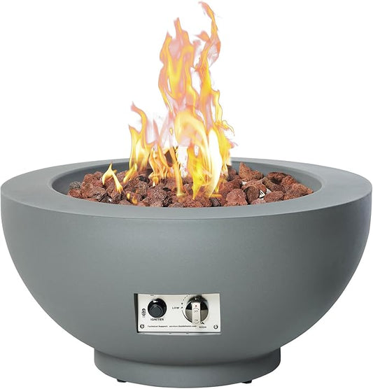 28-Inch Fire Table, 50,000 BTU Oudoor Propane Fire Pit, Patio Round Fire Bowl Gas Firepit with Lid, Lava Rocks, Cover, Pre-Attached 10FT Propane Hose, Gray