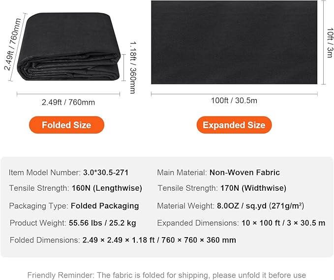 VEVOR Geotextile Landscape, 10ft x 100ft 8 oz Non-Woven PP Drainage 350N Tensile Strength & 440 N Load Capacity, for Ground Cover, Garden Fabric, French Drains, Black