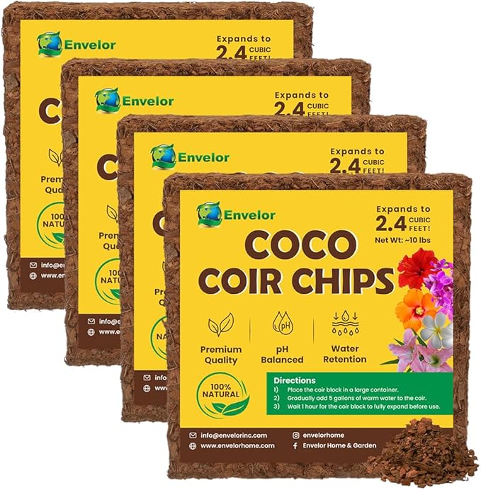 Coco Coir Husk Chips 4-Pack – 2.4 Cu. Ft. Compressed Coconut Coir Bricks, 10 lb. Natural Substrate for Indoor & Outdoor Use, Orchid Bark Alternative, Orchid Potting Mix, Indoor Plant Soil