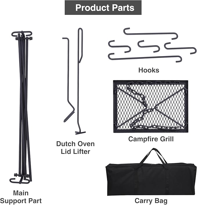 Lineslife Grill Swing Campfire Cooking Stand with Height Adjustable Iron Grill Grate, Collapsible Cooking Rack with Hooks and Accessories for BBQ Picnic, Outdoor Camping Cookware, Dutch Oven