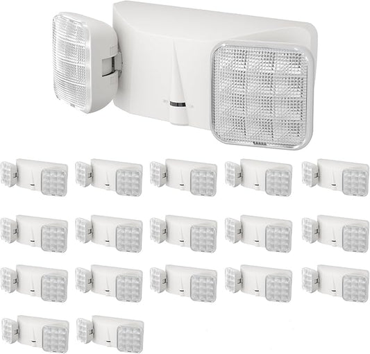 SPECTSUN 18 Pack White LED Emergency Lights with Battery Backup-UL Listed Two Head Adjustable Emergency Lighting Fixtures - 120-277V AC-Exit Sign Lights (18 Packs-U3)