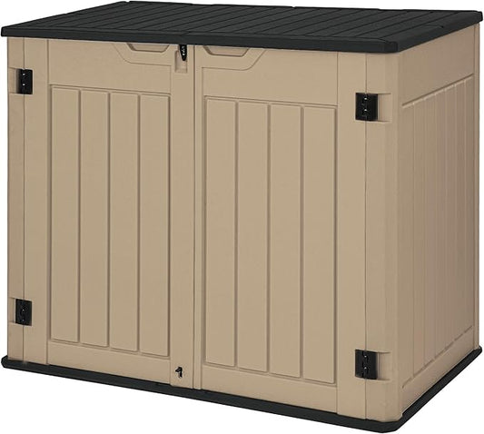 DWVO 47 cu ft Spacious Horizontal Storage Unit, Outdoor Resin Tool Locker Without Shelf, Waterproof Lockable Container with Base for Gardening, Waste Bins, Grass Cutter, 4.5x2.8x3.9 ft, Brown