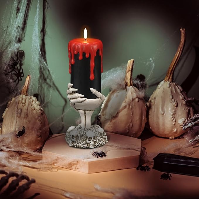 Eldnacele Halloween Flickering Flameless Candles Ghost Hand Candlesticks with Timer,Battery Operated with Red Blood Dripping 3D Wick Black Wax LED Pillar Candles Table Centerpiece Decor(4×11 Inches)