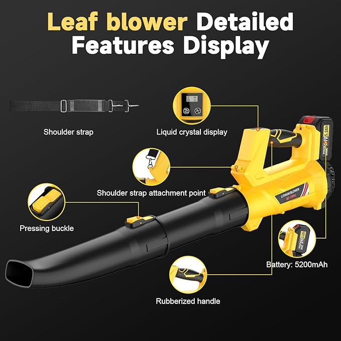 Leaf Blower Cordless with Shoulder Strap, Electric Leaf Blower with 5.2Ah Battery & Charger, Digital Display, Handheld Blower for Lawn Care, Yard, Blowing Leaves, Dust, Snow, Gifts for Men