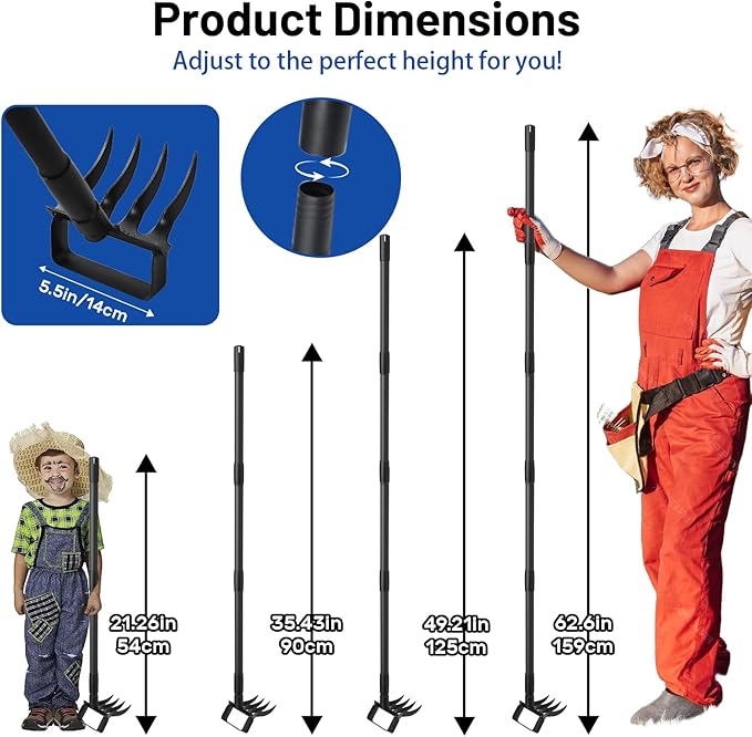 Garden Hoe Stirrup Hoe Weeding Tools, 2-in-1 Garden Hoe for Weeding with 62.6" Adjustable Handle, Heavy Duty Gardening Tools with 4 Tines for Weeding, Loosening, Digging and Cultivation