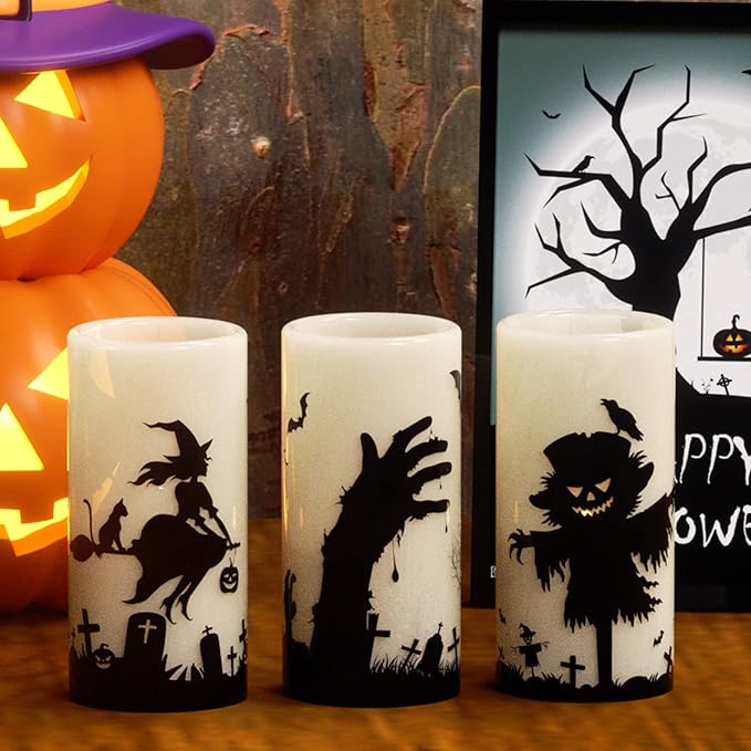 Eldnacele Halloween Flickering Candles Set of 3 Battery Operated Halloween Themed LED Candles Horror Spooky Decoration…