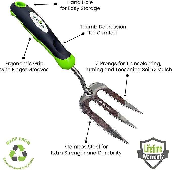 Garden Guru Stainless Steel Hand Weeder Fork Tool – Rust Resistant Stainless Steel – Ergonomic Handle – Great for Planting, Spreading Mulch, Weeding, Loosening & Transplanting Soil