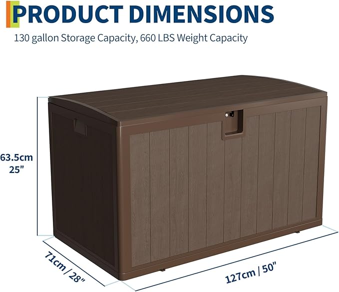 130 Gallon Outdoor Waterproof Storage Box Lockable Outdoor Storage Boxes Deck Storage Boxes for Package Delivery Deck Boxes for Patio Furniture, Garden, Tools - Faux Wood Grain Brown