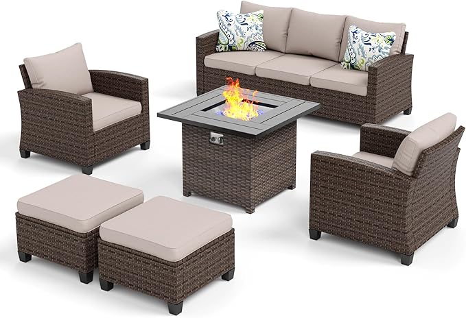 Patio Furniture Set, 6 Pcs Wicker Rattan Outdoor Conversation Set, 2 x Leg Chairs, 1 x 3 Seater Sofa and 2 x Ottoman with 4" Thick Cushion and 32" Fire Pit Table, Beige