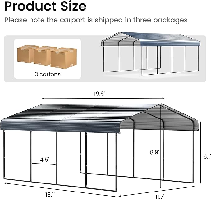 12'x20' Heavy Duty Metal Carport, Outdoor Garage Car Shelter Shade with Heavier Frame, Galvanized Roof for Car and Boats, Grey