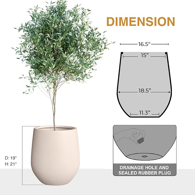 21" H x 19" D Corso Fiberstone Round Tapered Planter with Drainage Hole, Smooth Finishes, Weather Resistant for Indoor and Outdoor Use (Kilim Beige, 15" Pot Opening)