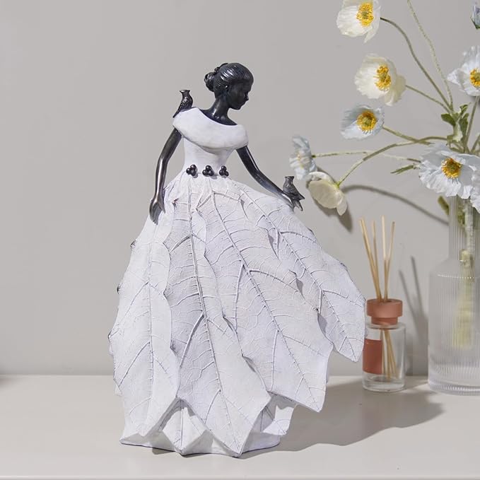 DiliComing Fairy Garden Accessories Outdoor Statue - 14.5 Inch Table Decor for Living Room Garden Maiden Bookshelf Decor Xmas Resin Holly Leaves Maiden White Statue