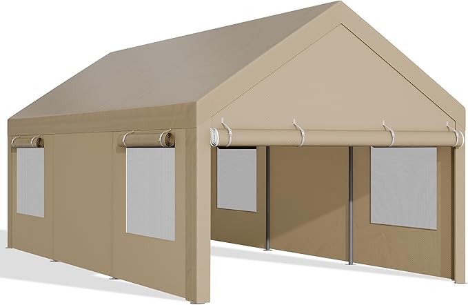 JAMFLY Carport, 10x20 ft Heavy Duty Carport with Roll-up Windows, Portable Garage with Removable Sidewalls & Doors, Car Canopy with Sandbags and All-Season Tarp for Car Boat Truck Motorcycle, Khaki