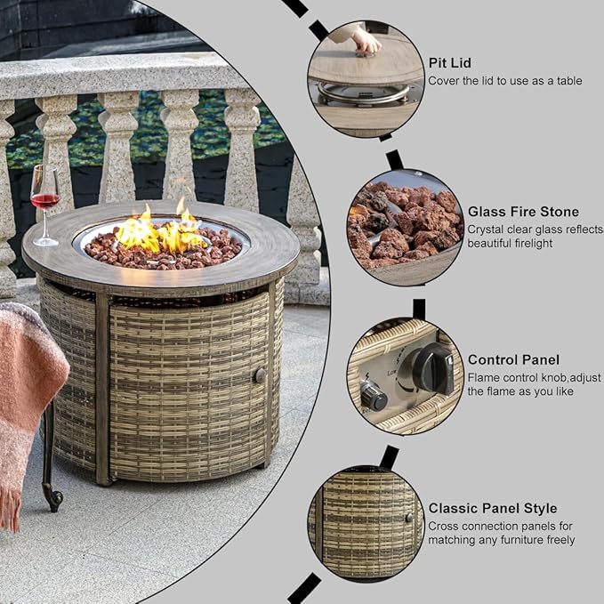 32 inch Propane Fire Pit Table,Wicker Gas Fire Pits Table with Lid & Lava Rocks, 50000 BTU Round Propane Firepit for Outside, Fire Table for Dining,Party, Patio,Yard