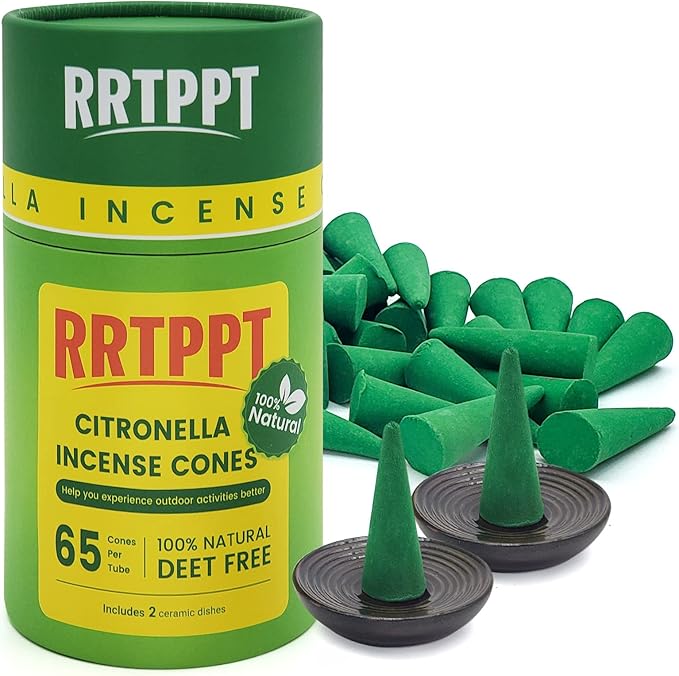 Citronella Incense Cones with 2 Ceramic Dishes | Made with Plant-Based Ingredients | Citronella Oil | Lemongrass Oil | Rosemary Oil | Suitable for Indoor and Outdoor Use (65 Cones)