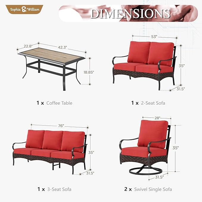 Sophia & William Patio Furniture Set, 5 Piece Metal Outdoor Conversation Set with 3-Seater Outdoor Couch, 2 Swivel Chairs, 1 Loveseat,1 Coffee Table for Outdoor Seating, Backyard, Porch(Red)