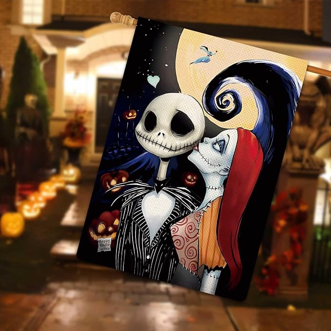 Halloween Ghost Garden Flag The Nightmare Garden Flag Sally Kisses Jack Vertical Double Sided Rustic Farmland Burlap Yard Lawn Outdoor Decor 28x40"