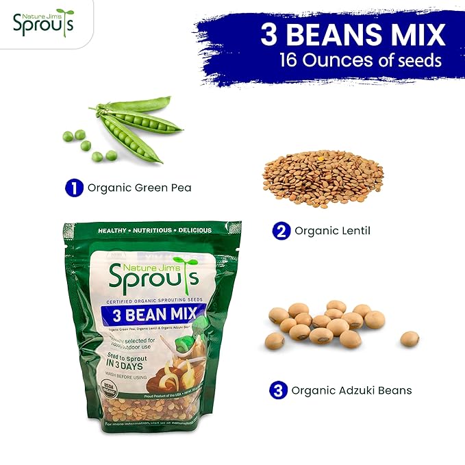 Nature Jims Sprouts 3 Bean Seed Mix - Certified Organic Green Pea, Lentil, Adzuki Bean Seeds for Planting - Non-GMO Vegetable Seeds - Resealable Bag for Freshness - Fast Sprouting Bean Seeds - 16 Oz