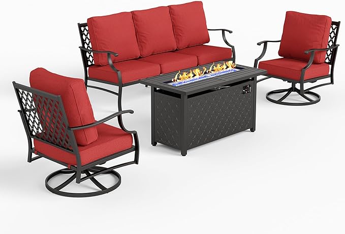 4 Piece Metal Outdoor Patio Furniture Sets with 5000 BTU Firepit Table, Patio Conversation Sets 1 3-Seater Sofa, 2 Swivel Chair with 5.75" Thick Cushion, Black Backyard Furniture, Red