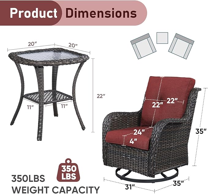 Patio Wicker Chairs Swivel Rocker,3 Pieces Patio Furniture Set with 360 Degree Wicker Swivel Rocking Chairs and Side Table for Garden,Porch,Backyard
