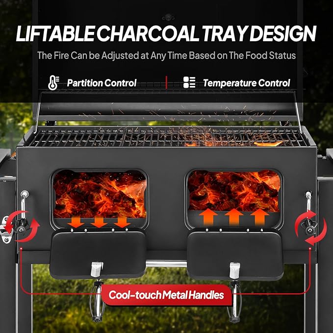 ROVSUN Charcoal Grill with Two Side Tables, Extra Large Cooking Area, Two Individual Lifting Charcoal Trays, Pull-out Ash Tray, Perfect BBQ Grill for Outdoor Picnic, Black