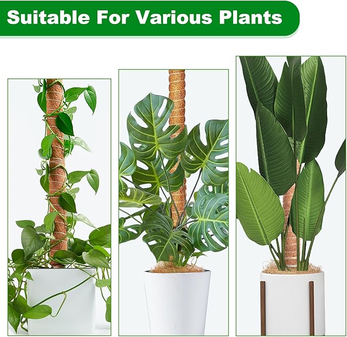 Joyhalo Bendable Moss Pole for Plants, 2 Pack 24 Inch Monstera Plant Support Stakes, Moss Poles for Climbing Plants with Jute Rope, Coco Coir Pole Indoor Plant