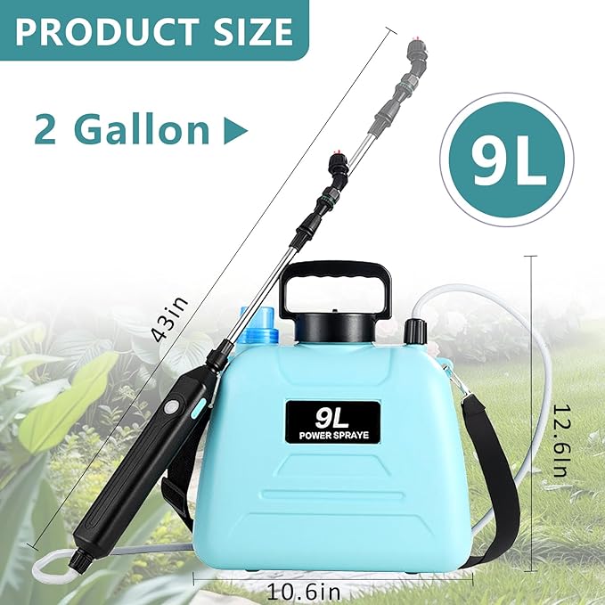 Battery Powered Sprayer, 2.4 Gallon Electric Garden Sprayer, Automatic Power Weed Spray Battery Operated with Adjustable Shoulder Strap and Rechargeable Handle for Yard, Lawn, 3 Mist Nozzles (Blue)