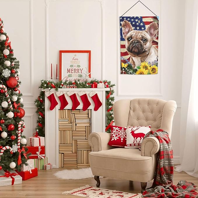 French Bulldog American Flag Patriotic Sunflower Dog Garden Flag Welcome Party Outdoor Outside Decorations Picks Home House Garden Yard Decor 12x18 Inch