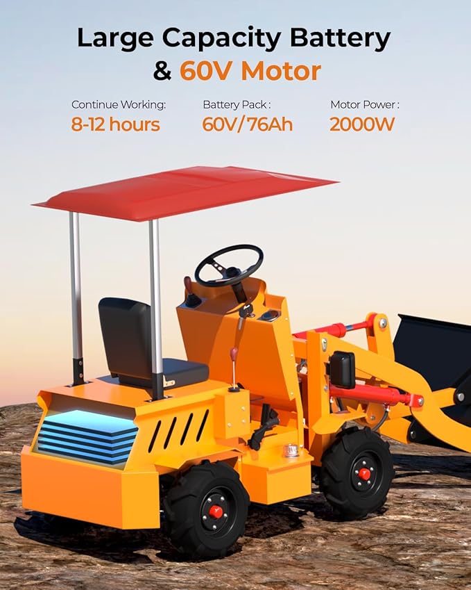 Electric Mini Skid Steer Loader Arczorix Tractor Front Wheel Loader with Wide Bucket Compatible with Various Attachments, Load Capacity 880Lbs 60V 76Ah Lead Acid Battery