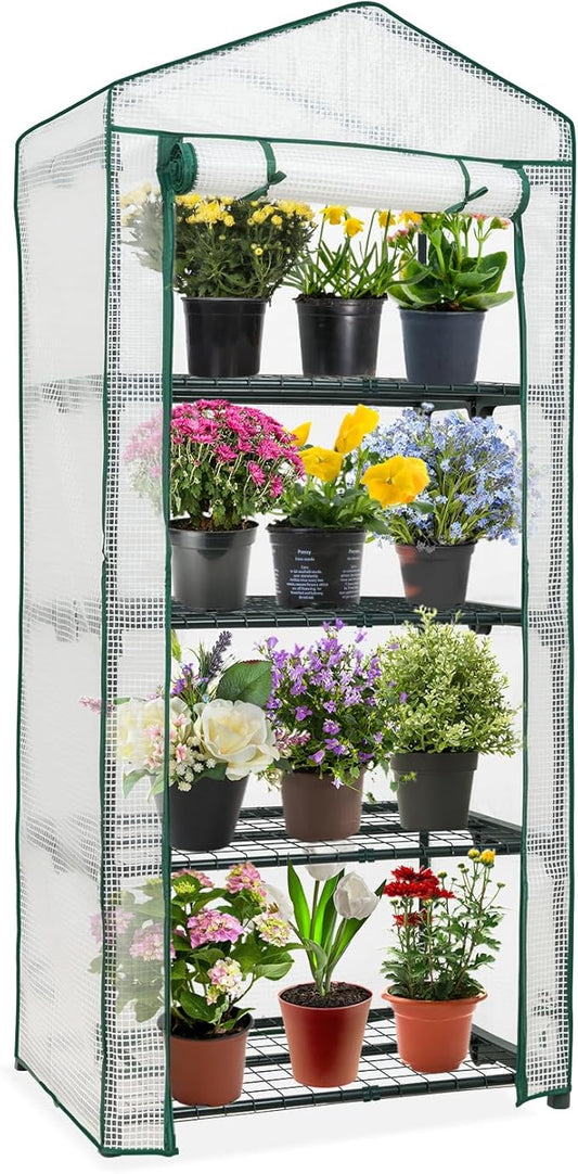 EAGLE PEAK Mini Greenhouse with Wire Shelves, Portable Indoor & Outdoor Green House with Roll-Up Zipper Door, 4 Tier, 27.2"x19.3"x64.2", Clear/White PE Cover