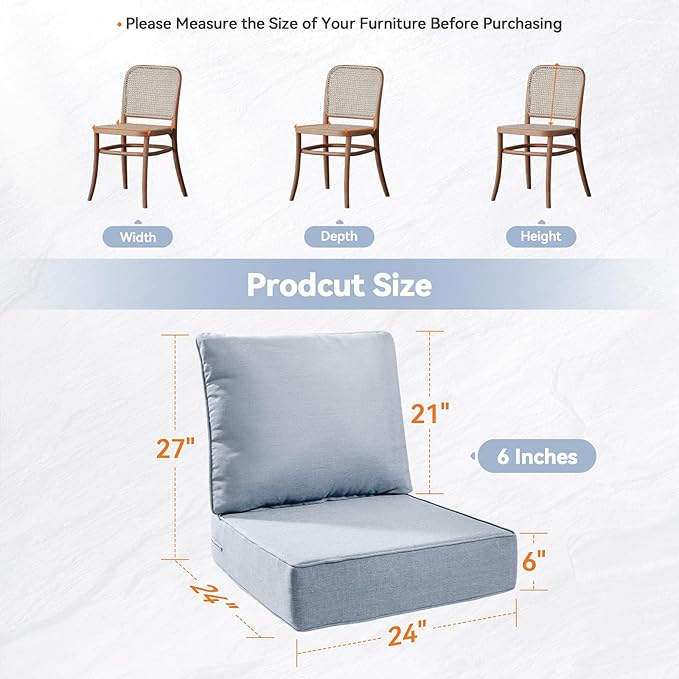 Luxury 6" Outdoor Cushions for Patio Furniture, 24x24x6 Thick Seat Cushion Set of 4, Fade Resistant Couch Chair Replacement Cushions High Density Wicker Chair Cushion w/Removable Cover Baby Blue