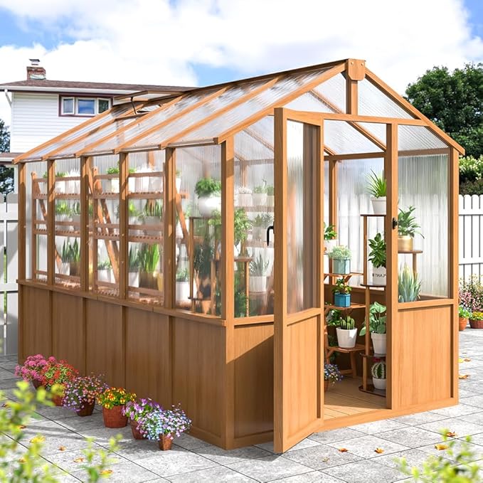 Wooden Greenhouse 6x10 FT, Walk-in Greenhouse for Outdoors with 6MM Thick Polycarbonate Panel and Adjustable Roof Vents, Garden Backyard, Wood Colour