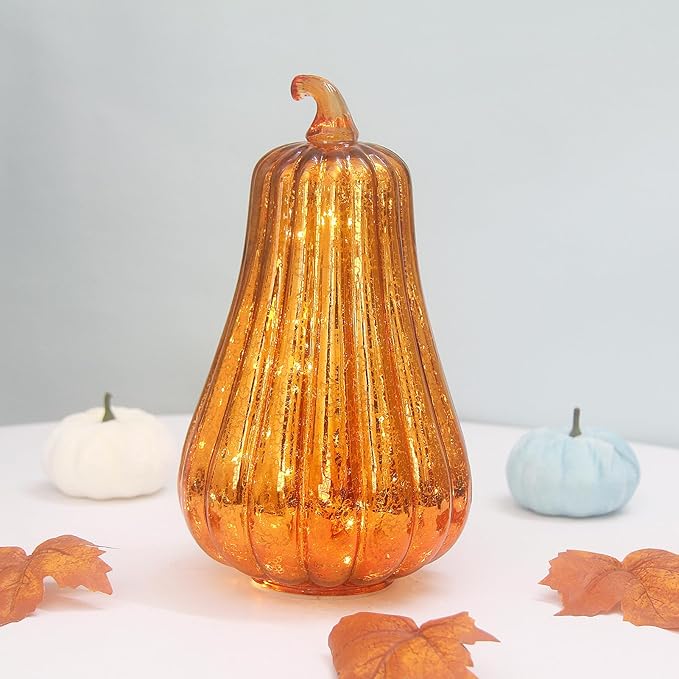 Mercury Glass Pumpkin Lights with Timer, Battery Operated Led Pumpkin Lights for Halloween Fall,Thanksgiving Rustic Decor (Gold Common, 11")