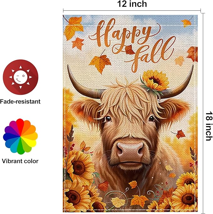 Fall Garden Flag 12 x 18 Inch Double Sided Cow Maple Leaves Sunflower Designs Autumn Burlap Yard Flag for Outside Rustic Yard Outdoor Holiday Home Decoration
