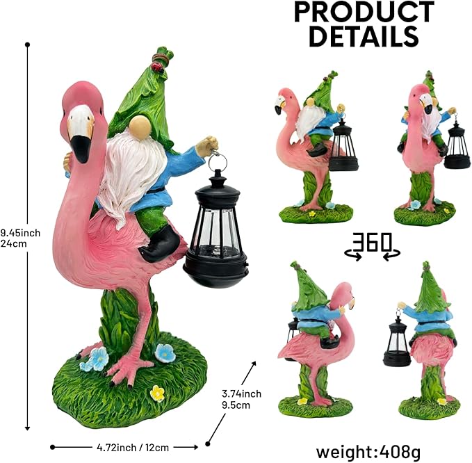 Gnomes Flamingo with Solar Lantern, Whimsical Decor for Garden, Yard, Patio, Lawn, LED Lights - Unique Gift for Women, Mom, Friends(Blue Gnomes)