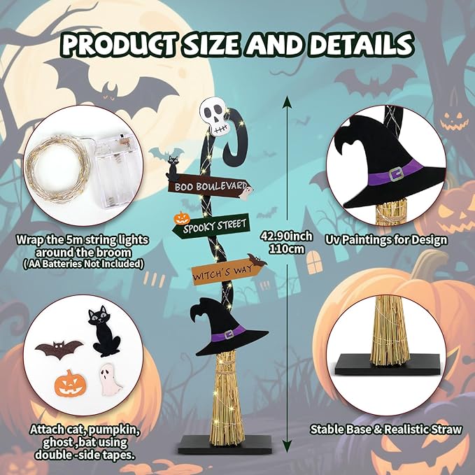 Halloween Decorations |Lighted Witch's Broom Halloween Wooden Porch Sign | Spooky Light Up Witch Decorations Sign for Indoor Outdoor Yard Decor