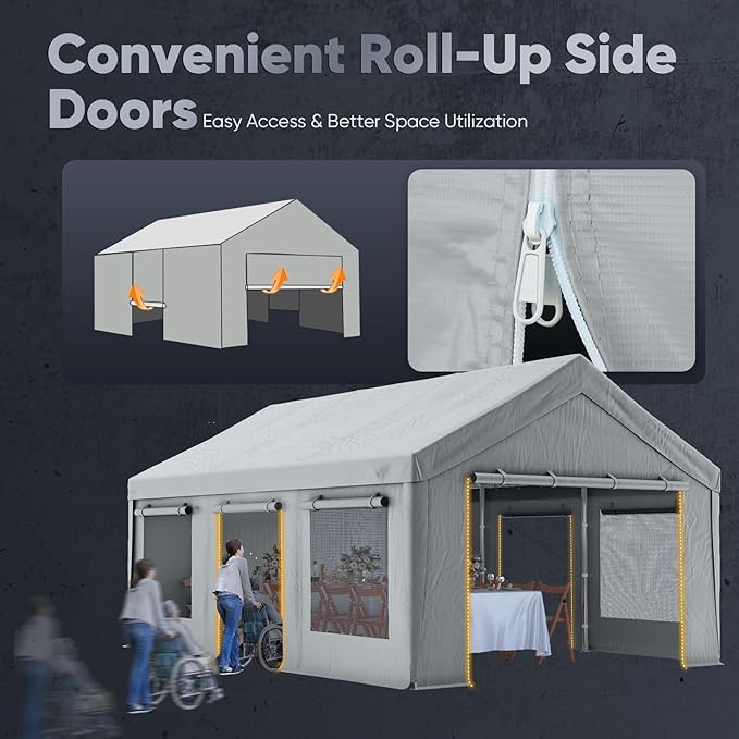 Quictent Heavy Duty 12x20 ft Carports with Side Zipper Doors & Snowproof Steel Cables & Ventilated Windows, Waterproof Storage Shelter for Car, Boat, RV, Outdoor Equipment, Gray