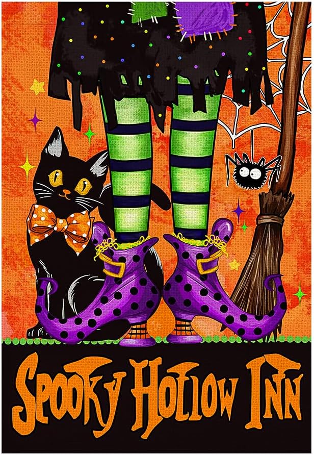 Halloween Black Cat Garden Flags for Outside 12x18 Inch Double Sided Burlap, Spooky Hollow Inn Welcome Sign Small Flag Farmhouse Holiday Yard Lawn Outdoor Decorations DF874