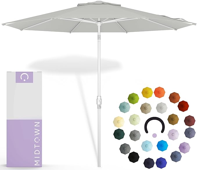Midtown Umbrellas The Swilt 9 Feet Patio Umbrella in Terylast Off Cream (Off White) Polyester Fabric - Fiberglass Ribs, Auto-Tilt Aluminum Frame For Backyard, Deck, Garden, Pool - White Pole