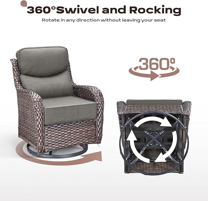 Outdoor Patio Swivel Rocker Chairs Set of 2, Waterproof Wicker, High Back, Deep Seating, Wide Armrest, Upgraded 6 inch Thick Cushions, Side Table, Ideal for Deck Porch Yard, Brown-Grey