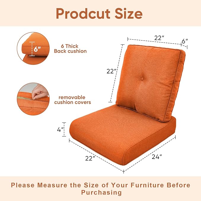 Patio Chair Cushions 6 Packs - Outside High Back Thick Water-Resistant Cushion 22x24 with Zipper Cover for Outdoor Glider Rocking Chairs Loveseat 3-Seater Couch Sofa – Orange/Buckle