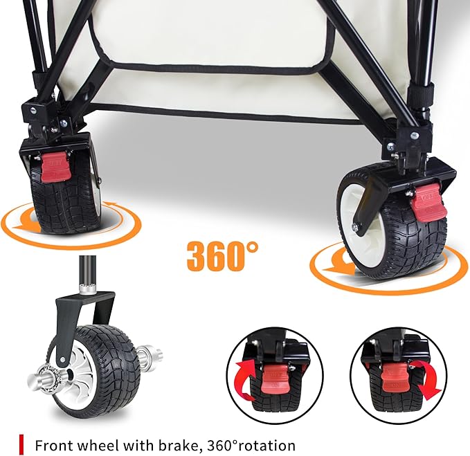 TMZ Collapsible Wagon 445L Heavy Duty Foldable Cart with All-Terrain Wheels, Canopy & Brakes - Extra Large Utility Wagon for Beach, Outdoor, Garden, Camping Portable Foldable Design (White)