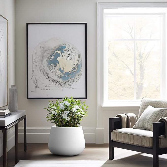 Kante Curva Series Planter, 14.8 Inch Round Concrete Garden Pot with Draiange Hole and Rubber Plug, Suitable for Indoor Plants, Home, Garden, Patio, White