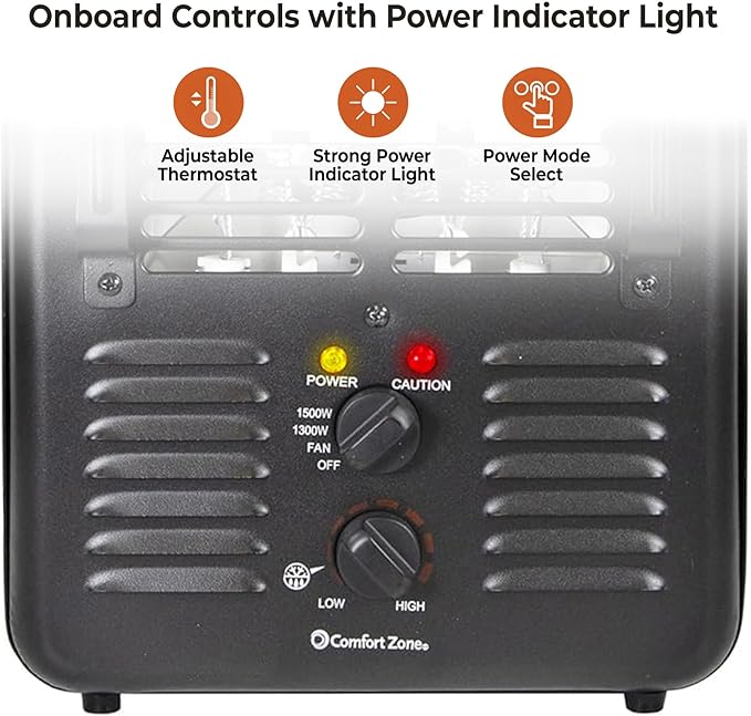 Comfort Zone Electric Portable Utility Space Heater with Adjustable Thermostat, Overheat Protection, & Tip-Over Switch, 1500W, CZ799BK