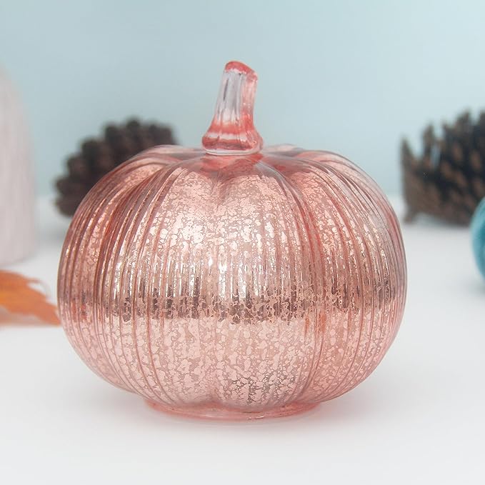 Mercury Glass Pumpkin Lights with Timer, Battery Operated Led Pumpkin Lights for Halloween Fall,Thanksgiving Rustic Decor (Rosegold Fine-Striped, 6")