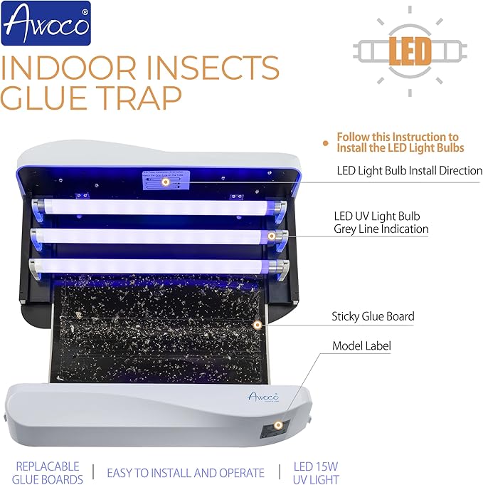 Awoco LED 15W 100V-240V Wall Mount Sticky Fly Trap Lamp XL 78” Extra Long Power Cord with 3 LED UV Bulb for Capturing Flies, Mosquitoes, Moths and Flying Insects (Fly Trap XL)